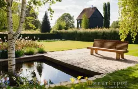 Устройство сада с использованием декоративных скульптур и водоёмов для релаксации